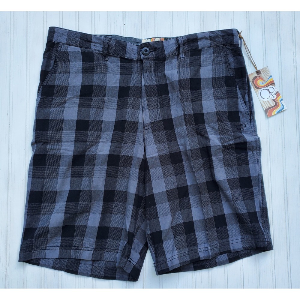 Ocean Pacific OP Mens Plaid Shorts Black Grey Buffalo Check Cotton Size 38 Hip